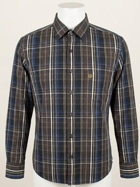 Bugatti Ryan 9152 Men Large Blue Brown Plaid Long Sleeve Button Down Shirt 41/42